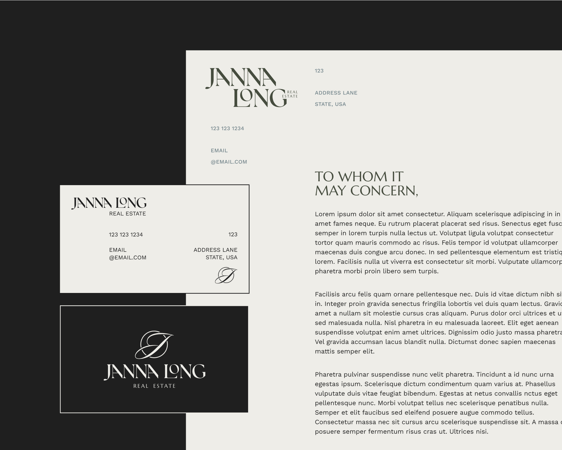 Janna Long Real Estate stationery and brand collateral